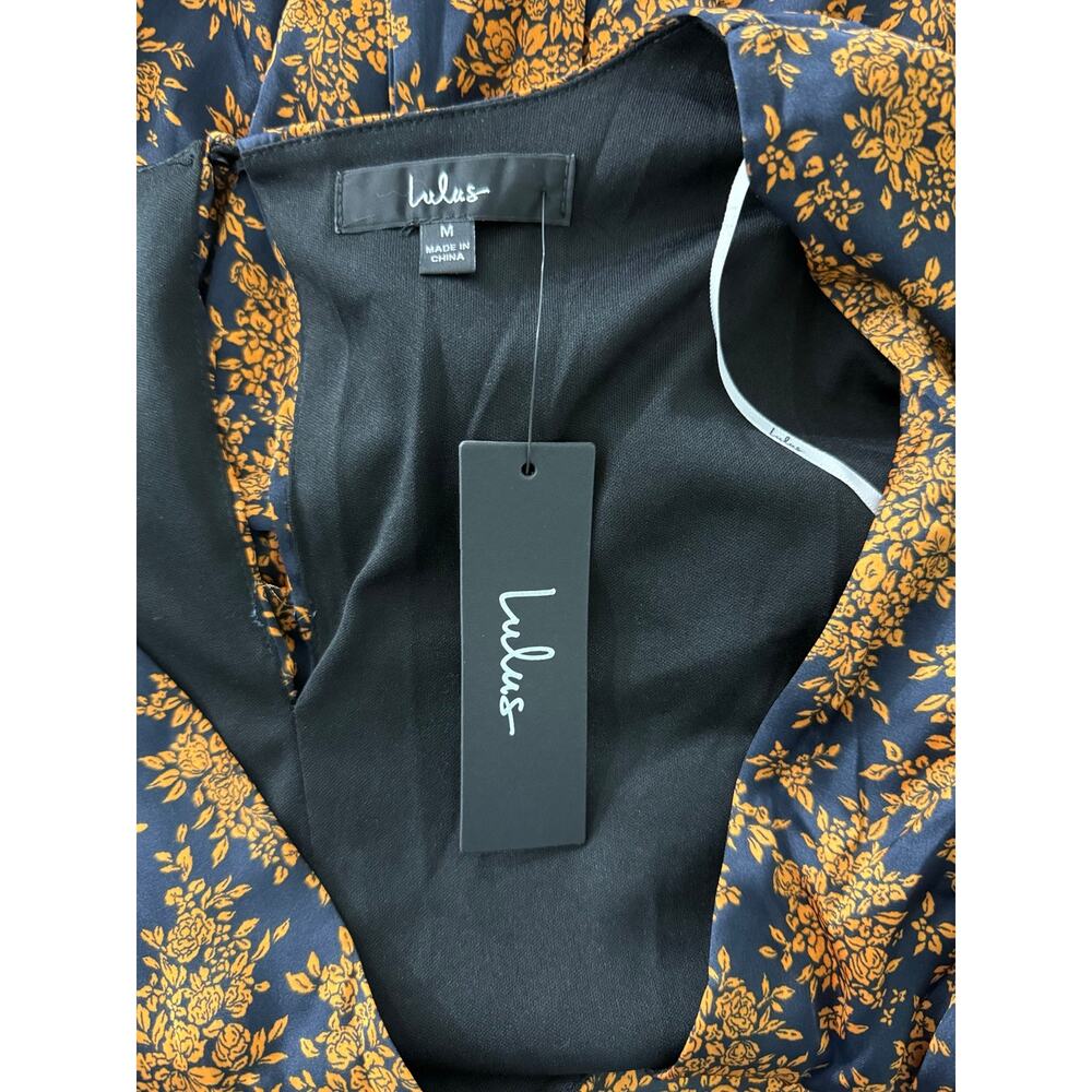 Lulus Floral Midi Dress Black Orange Print Size M NWT Balloon Sleeve Wedding - Picture 8 of 10